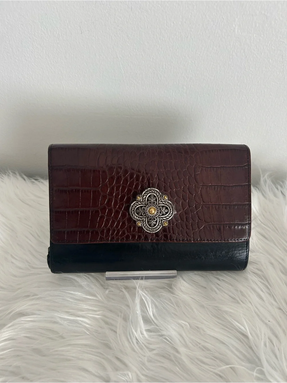 Brighton Brown Croc Embossed Black Leather Organizer Wallet Clutch